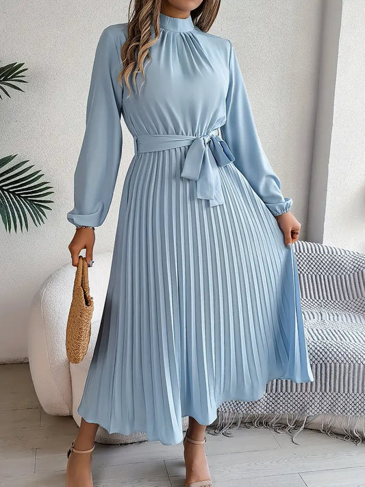Abito Midi Plissettato con Cintura Collo Alto