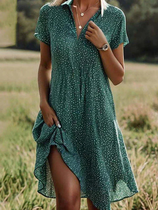 Abito Camicia Midi Maniche Corte con Bottoni
