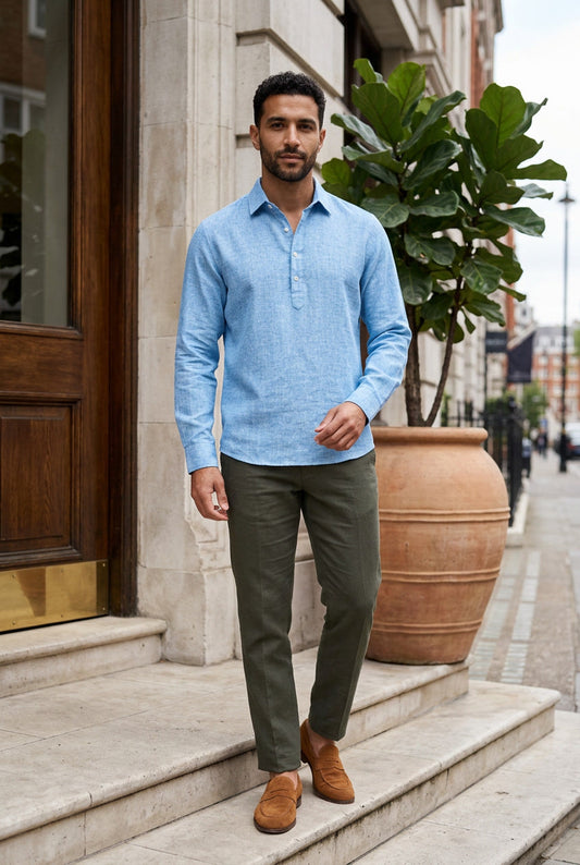 Camicia Relaxed Fit in Lino con Collo a Revere