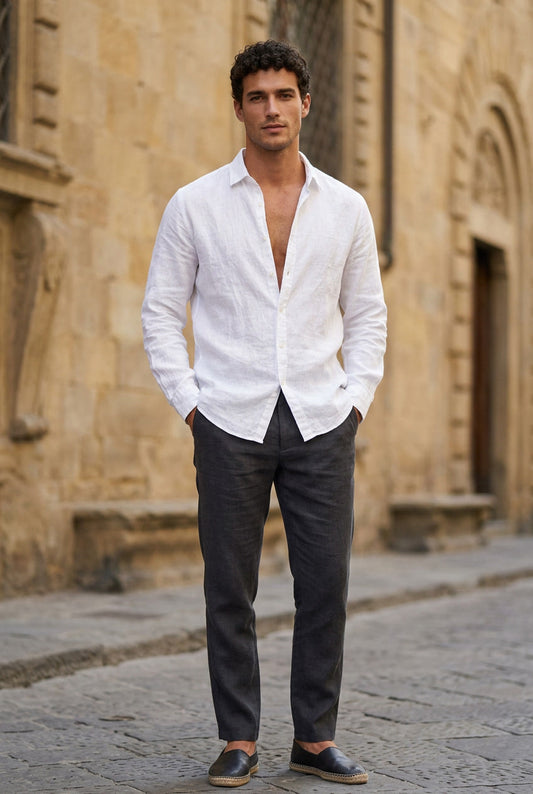 Camicia in Lino con Collo Aperto Uomo