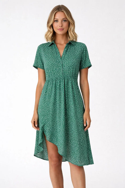 Abito Camicia Midi Maniche Corte con Bottoni