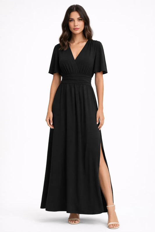 Abito Maxi Fluido Scollo a V con Spacco Laterale