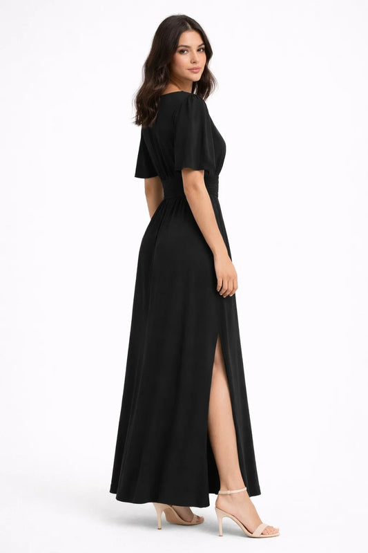 Abito Maxi Fluido Scollo a V con Spacco Laterale