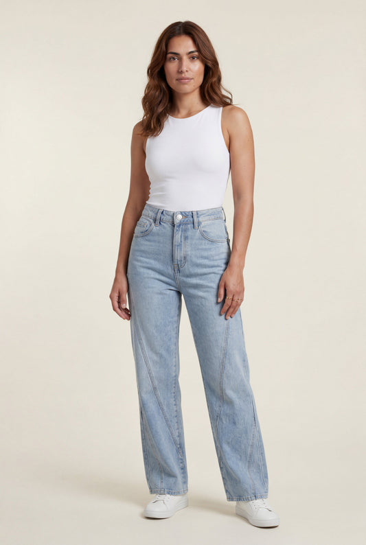 Jeans A Vita Alta Gamba Dritta Con Cuciture
