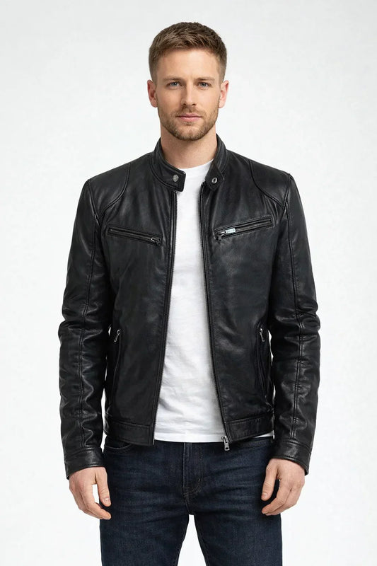 Giacca Biker in Pelle Classica con Cerniera